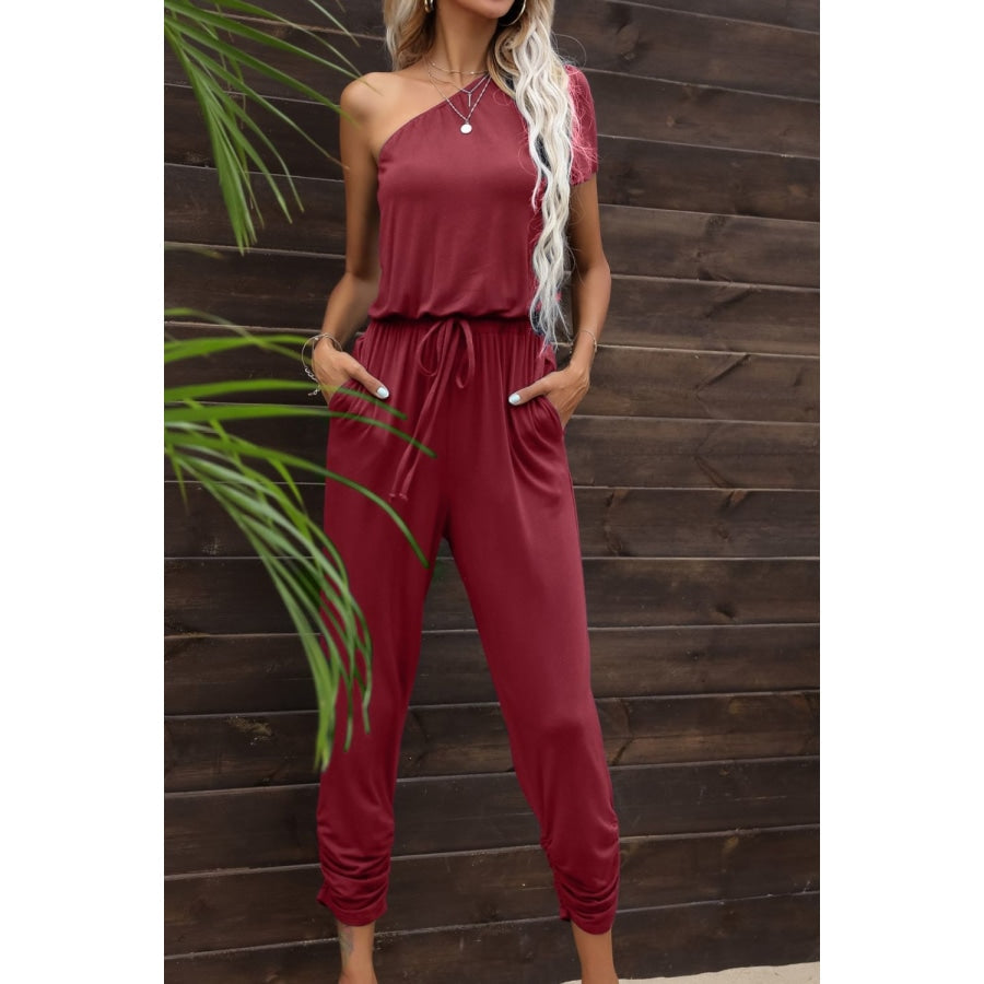 Drawstring Waist One-Shoulder Jumpsuit with Pockets Wine / S