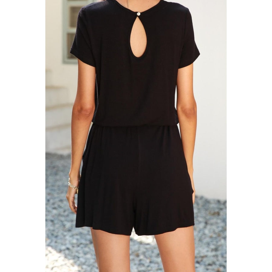 Drawstring Waist Short Sleeve Romper with Pockets