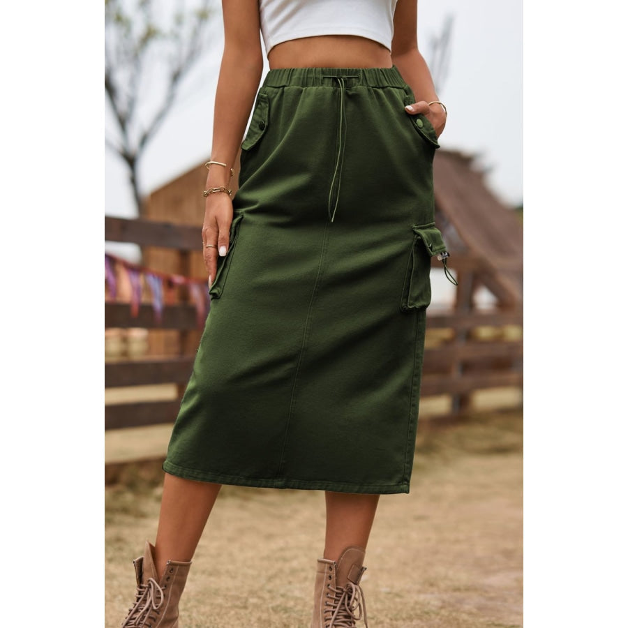 Drawstring Waist Slit Denim Skirt Army Green / S