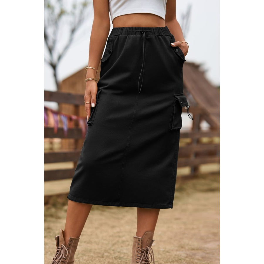 Drawstring Waist Slit Denim Skirt Black / S