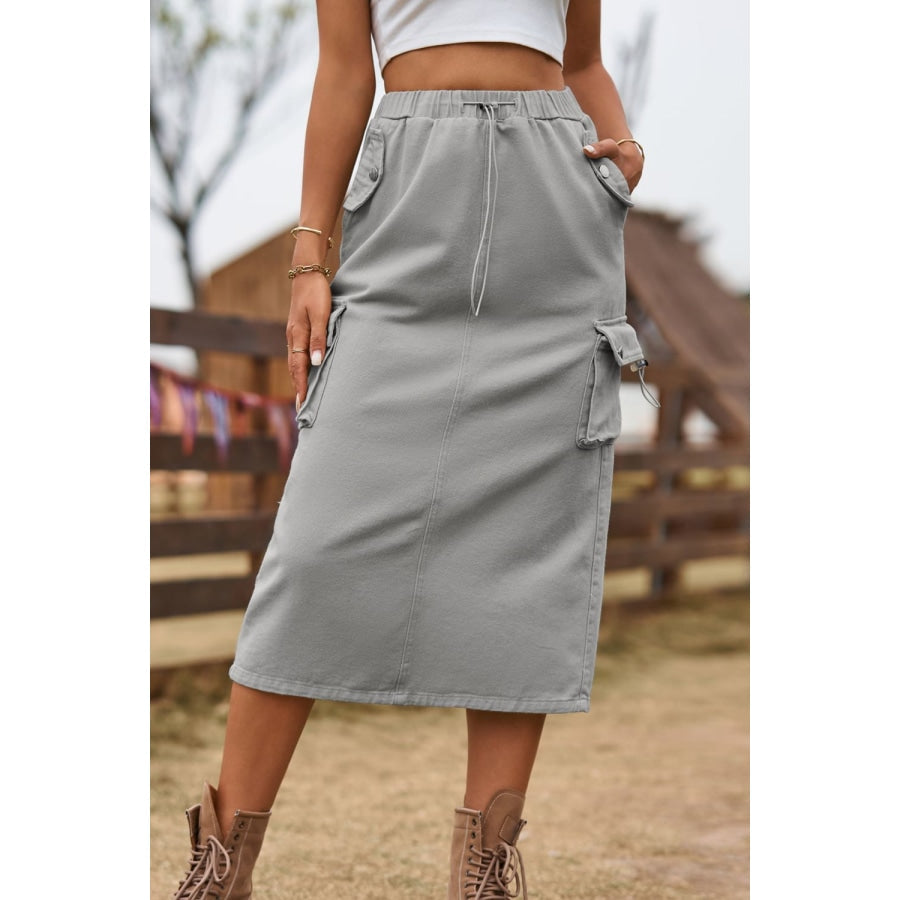 Drawstring Waist Slit Denim Skirt Mid Gray / S