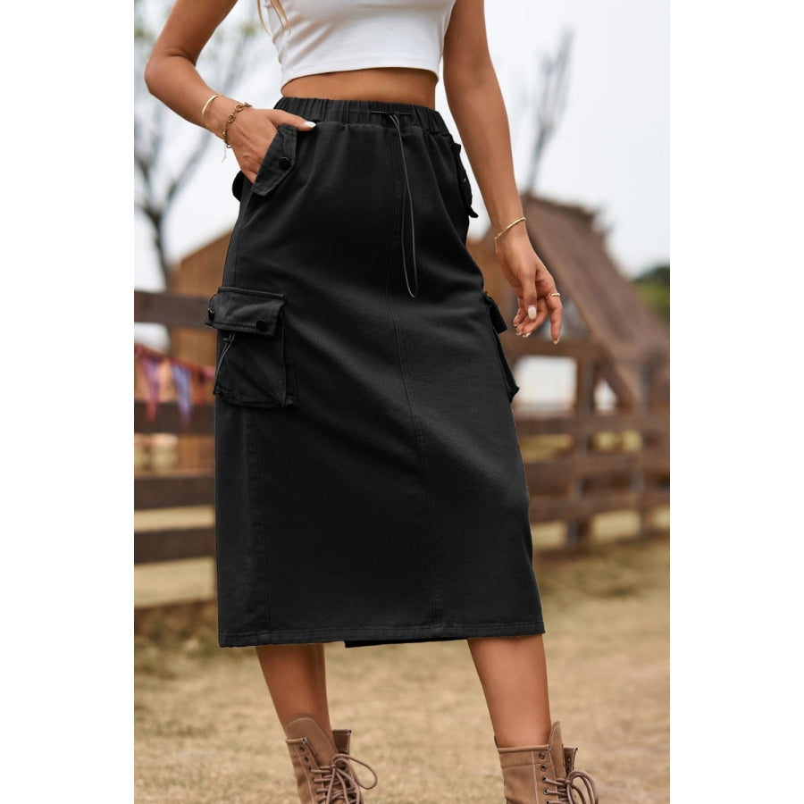 Drawstring Waist Slit Denim Skirt