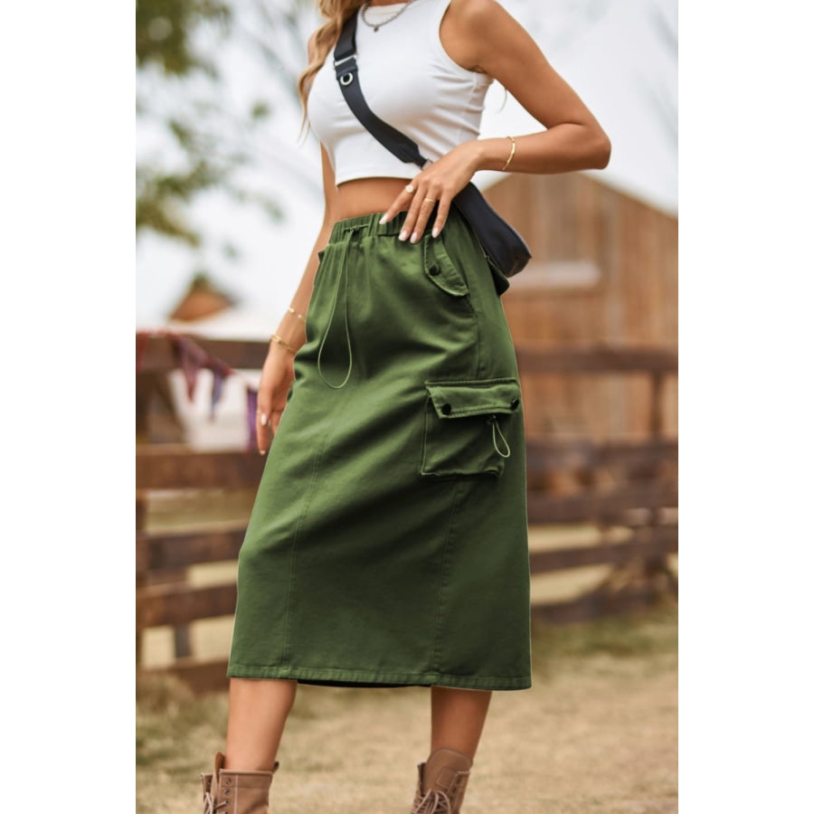 Drawstring Waist Slit Denim Skirt