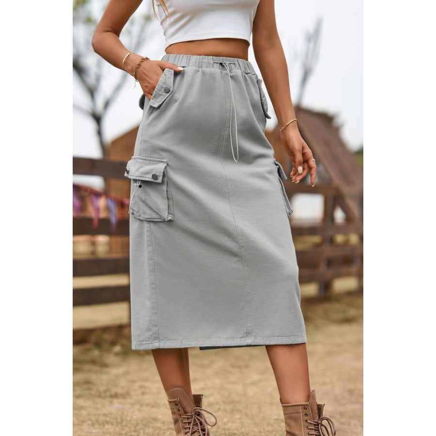 Drawstring Waist Slit Denim Skirt