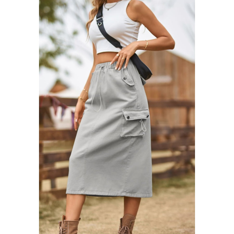 Drawstring Waist Slit Denim Skirt