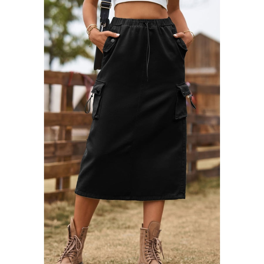 Drawstring Waist Slit Denim Skirt