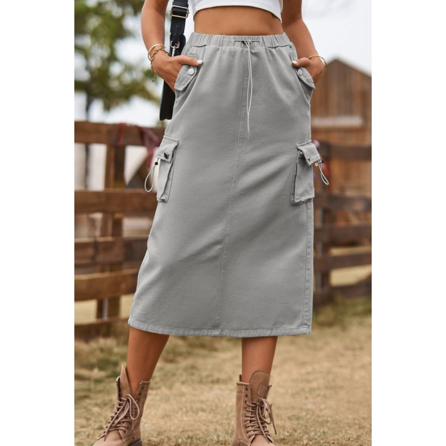 Drawstring Waist Slit Denim Skirt