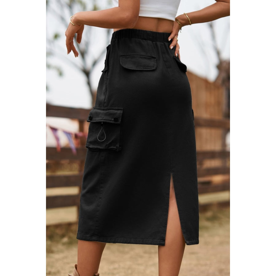 Drawstring Waist Slit Denim Skirt