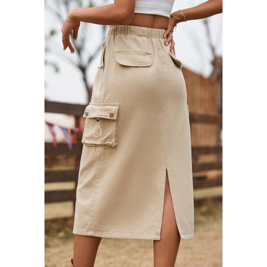 Drawstring Waist Slit Denim Skirt Tan / S