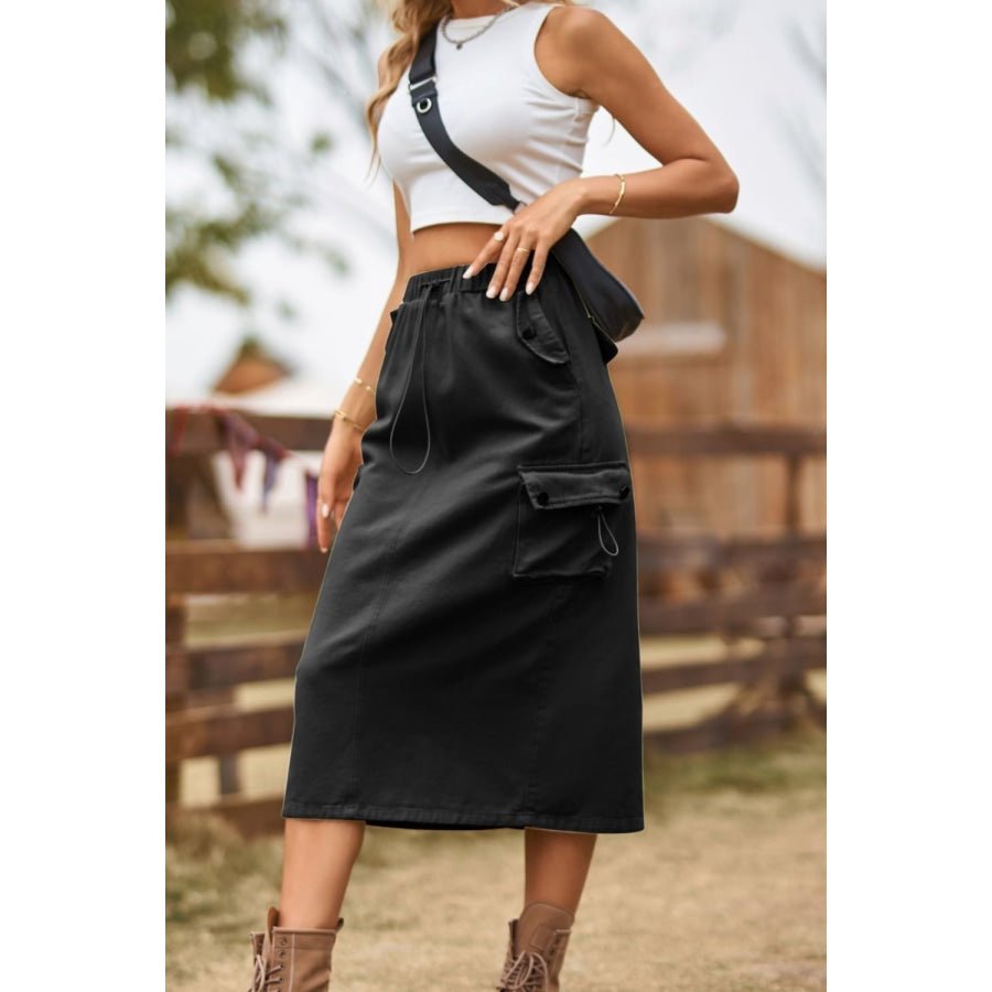 Drawstring Waist Slit Denim Skirt