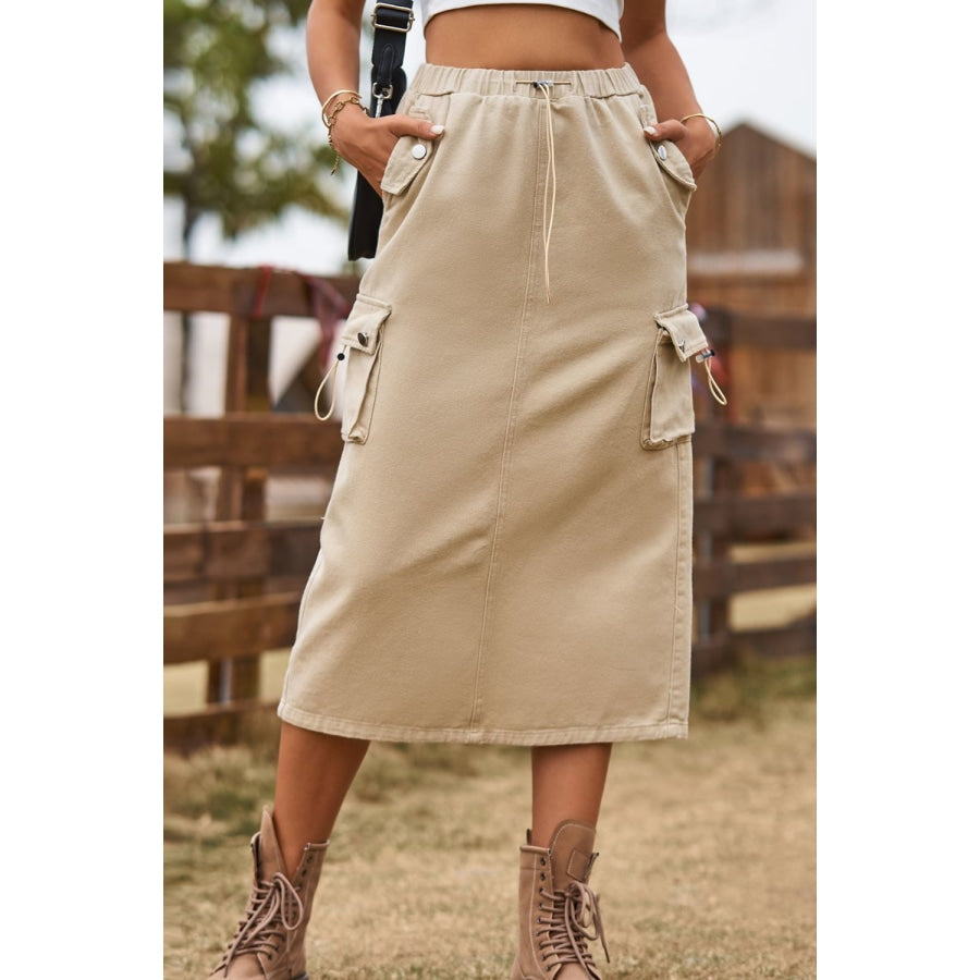 Drawstring Waist Slit Denim Skirt