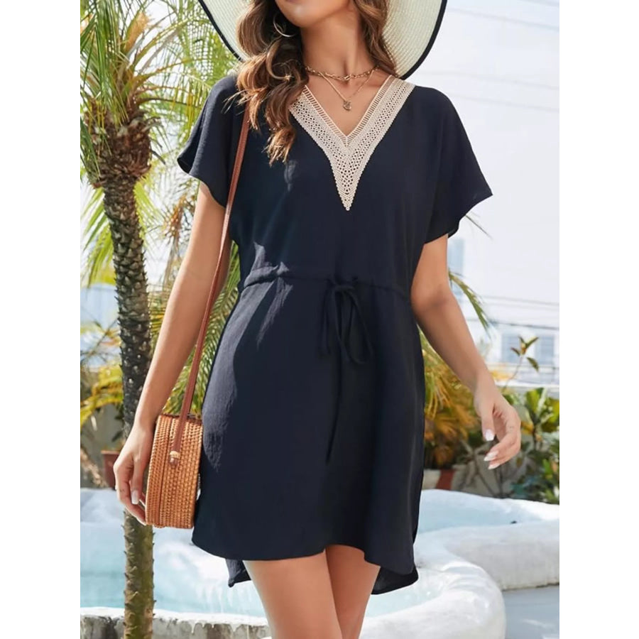 Drawstring Waist V-Neck Mini Dress Apparel and Accessories