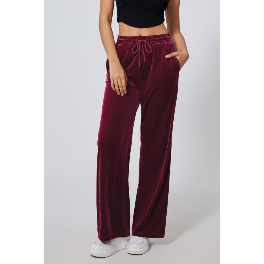 Drawstring Waist Wide Leg Active Pants Burgundy / S Apparel and Accessories