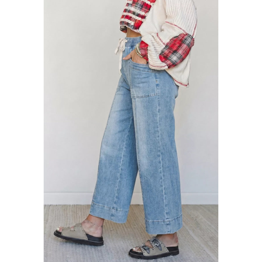 Drawstring Waist Wide Leg Ankle Length Jeans Apparel and Accessories