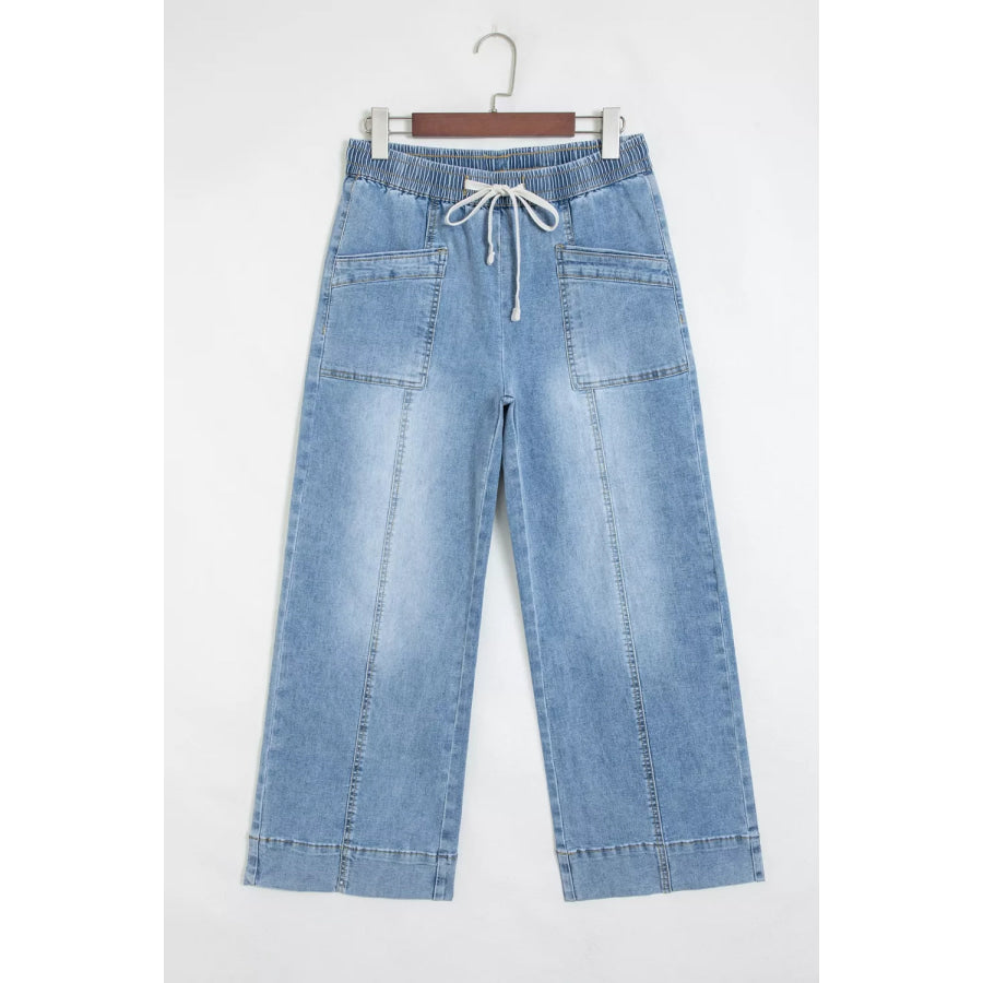 Drawstring Waist Wide Leg Ankle Length Jeans Apparel and Accessories