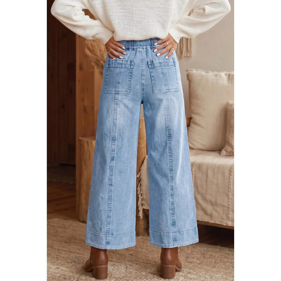 Drawstring Waist Wide Leg Ankle Length Jeans Apparel and Accessories