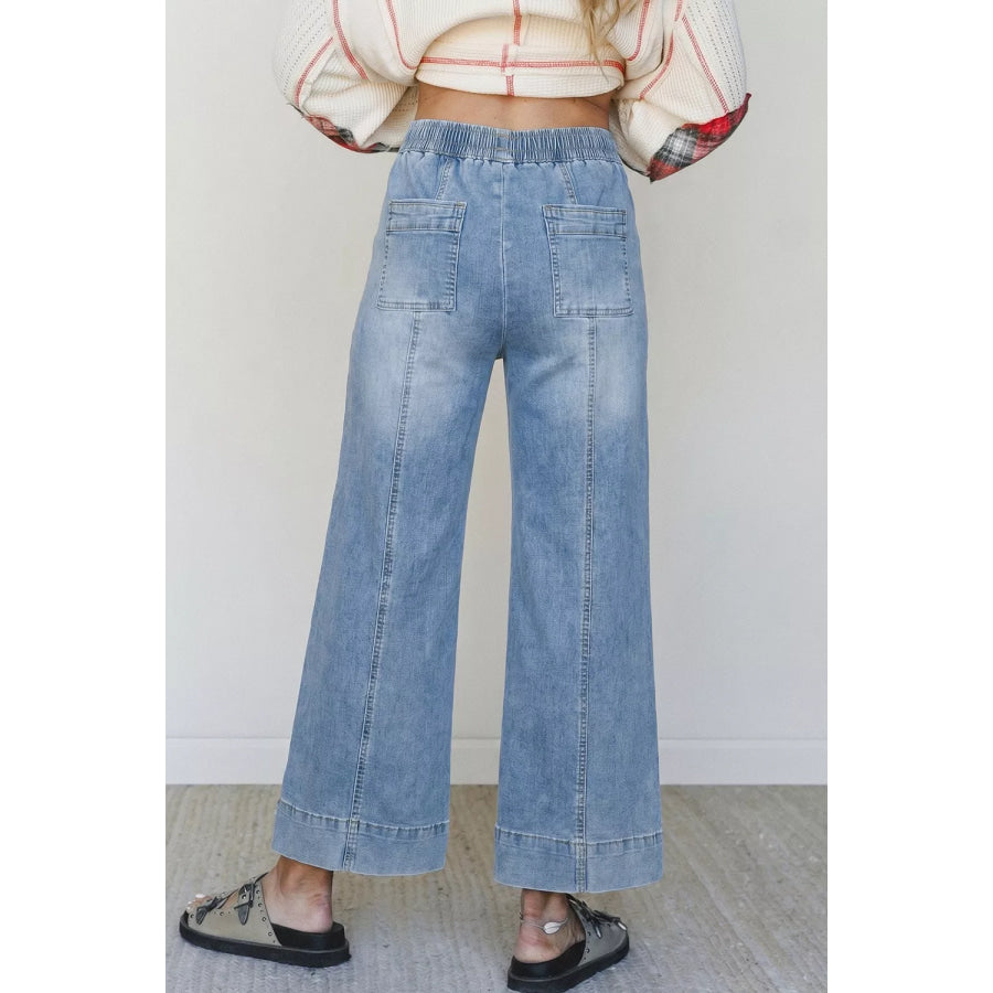 Drawstring Waist Wide Leg Ankle Length Jeans Apparel and Accessories