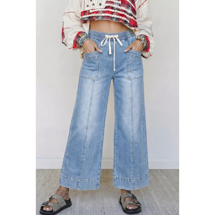 Drawstring Waist Wide Leg Ankle Length Jeans Apparel and Accessories
