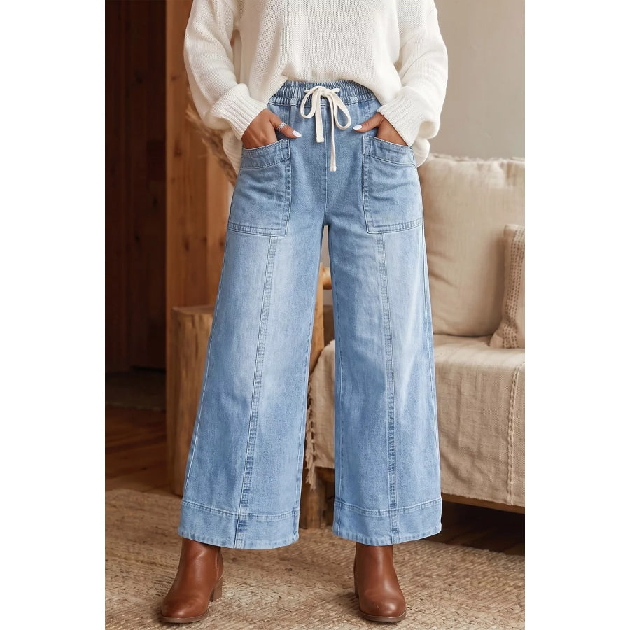 Drawstring Waist Wide Leg Ankle Length Jeans Light Blue / 4 Apparel and Accessories