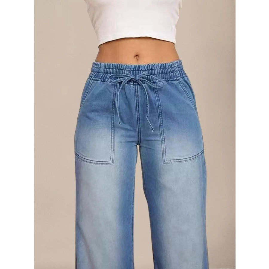 Drawstring Waist Wide Leg Jeans Apparel and Accessories