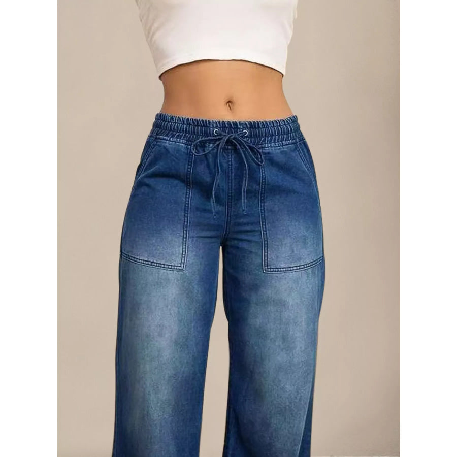 Drawstring Waist Wide Leg Jeans Dark Blue / S Apparel and Accessories
