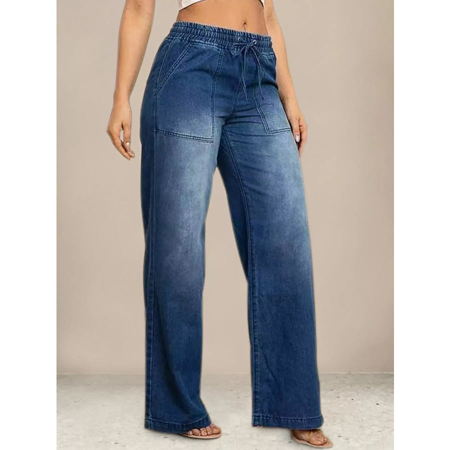 Drawstring Waist Wide Leg Jeans Apparel and Accessories