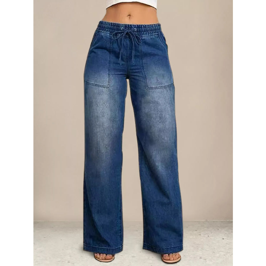 Drawstring Waist Wide Leg Jeans Dark Blue / S Apparel and Accessories