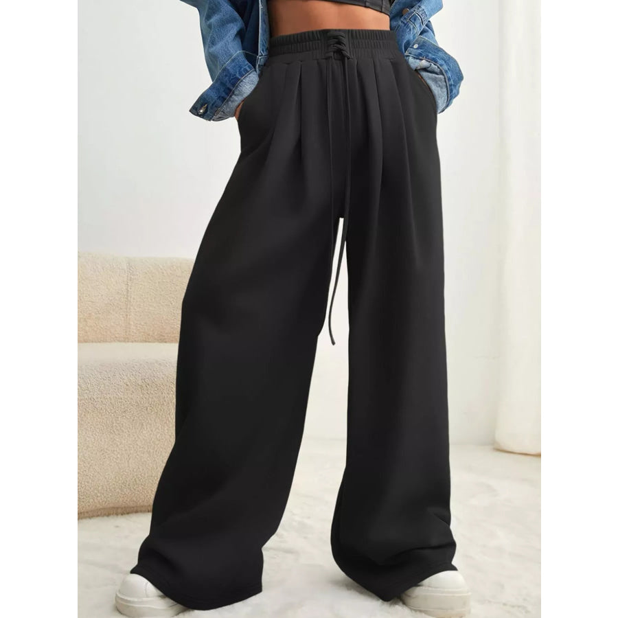 Drawstring Waist Wide Leg Pants Black / S Apparel and Accessories