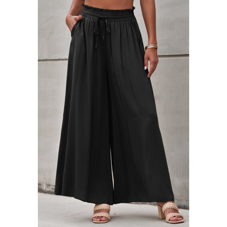 Drawstring Waist Wide Leg Pants Black / XL