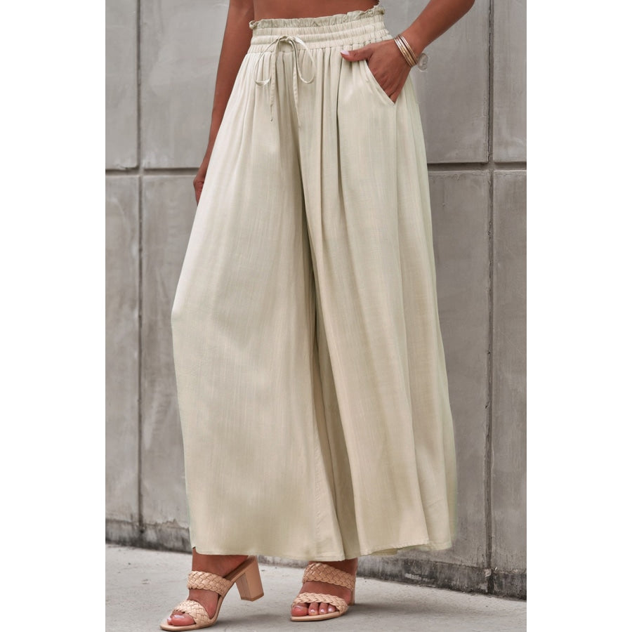 Drawstring Waist Wide Leg Pants Ivory / S