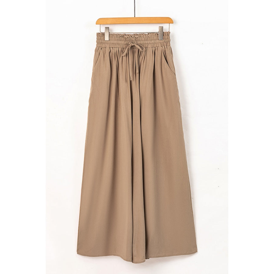 Drawstring Waist Wide Leg Pants Khaki / L