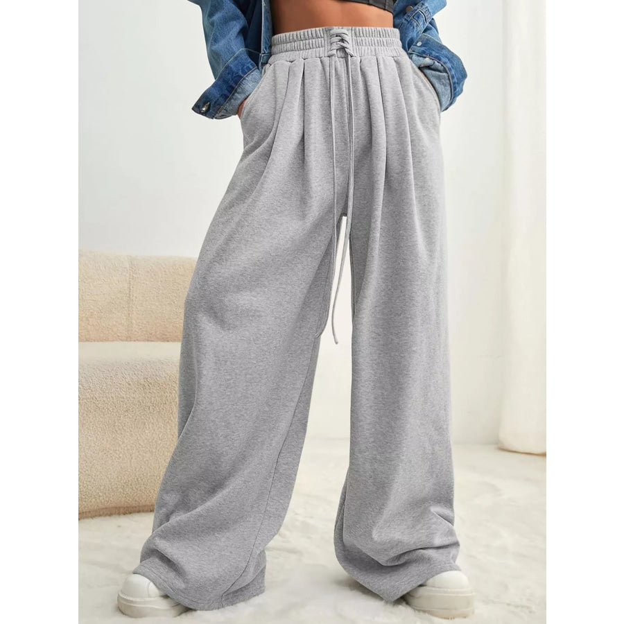 Drawstring Waist Wide Leg Pants Light Gray / S Apparel and Accessories