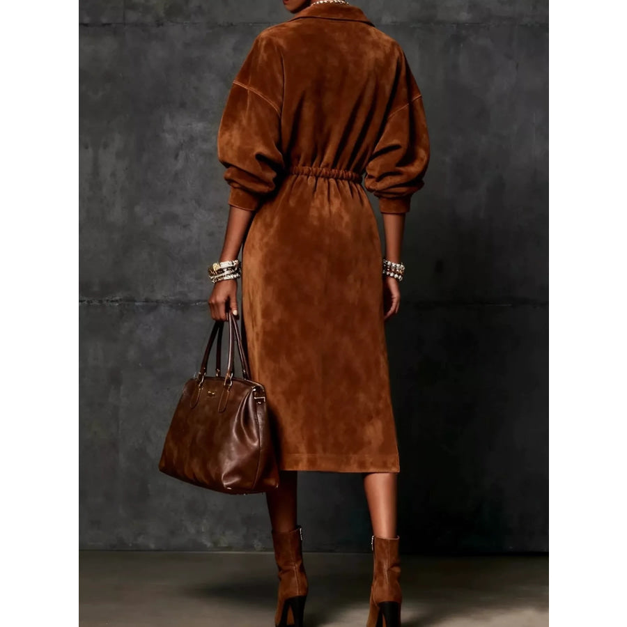 Drawstring Waist Zip-Front Midi Dress Brown / S Apparel and Accessories