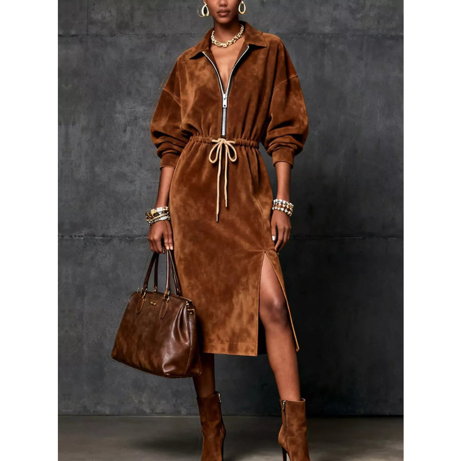 Drawstring Waist Zip-Front Midi Dress Brown / S Apparel and Accessories