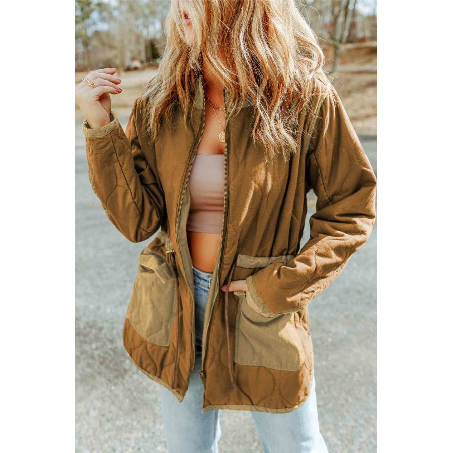 Drawstring Waist Zip-Up Jacket Tan / S