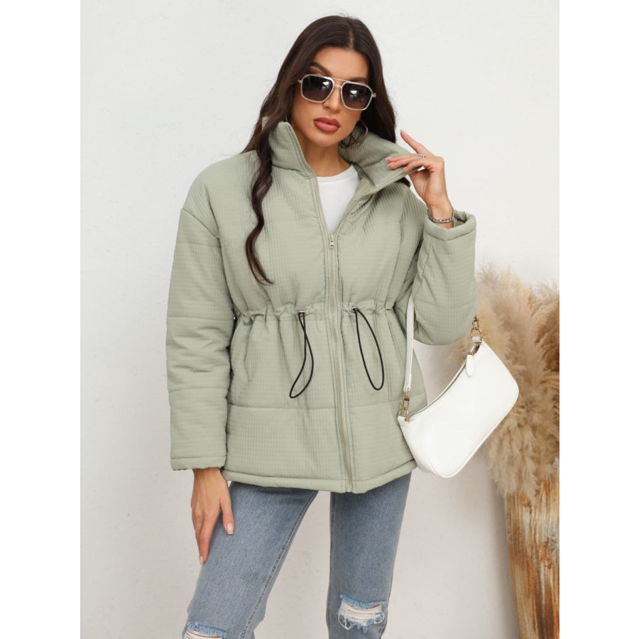 Drawstring Waist Zip-Up Puffer Jacket Light Green / S