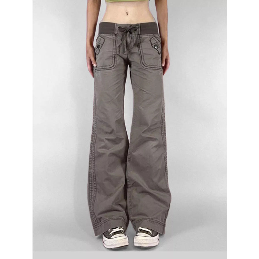 Drawstring Wide-Leg Cargo Jeans Gray / S Apparel and Accessories