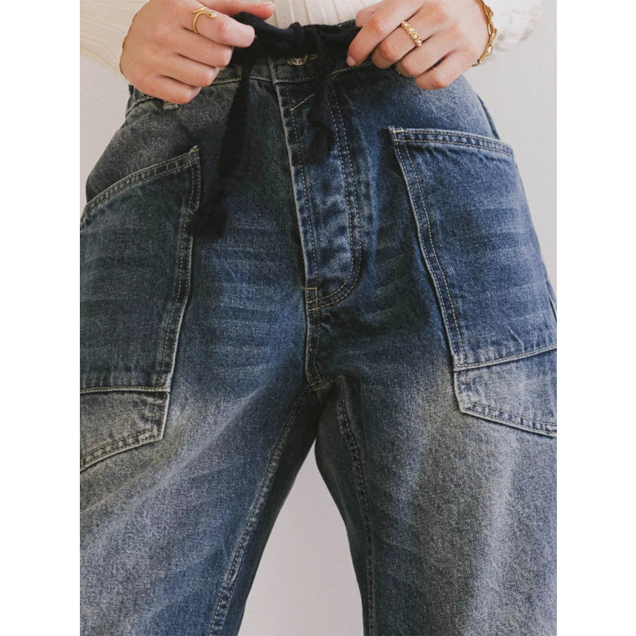 Drawstring Wide Leg Cropped Jeans Apparel and Accessories