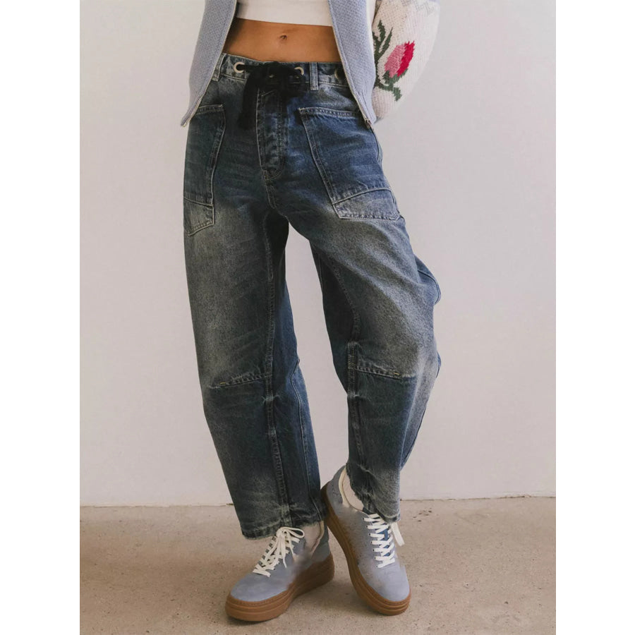 Drawstring Wide Leg Cropped Jeans Apparel and Accessories
