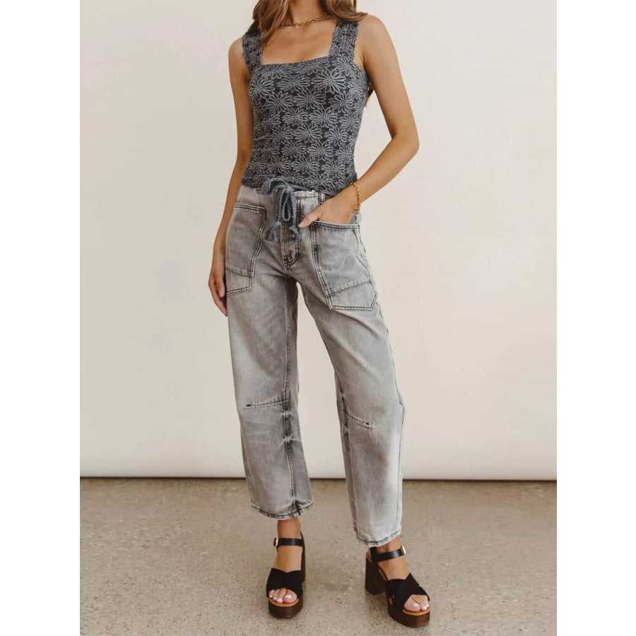 Drawstring Wide Leg Cropped Jeans Apparel and Accessories