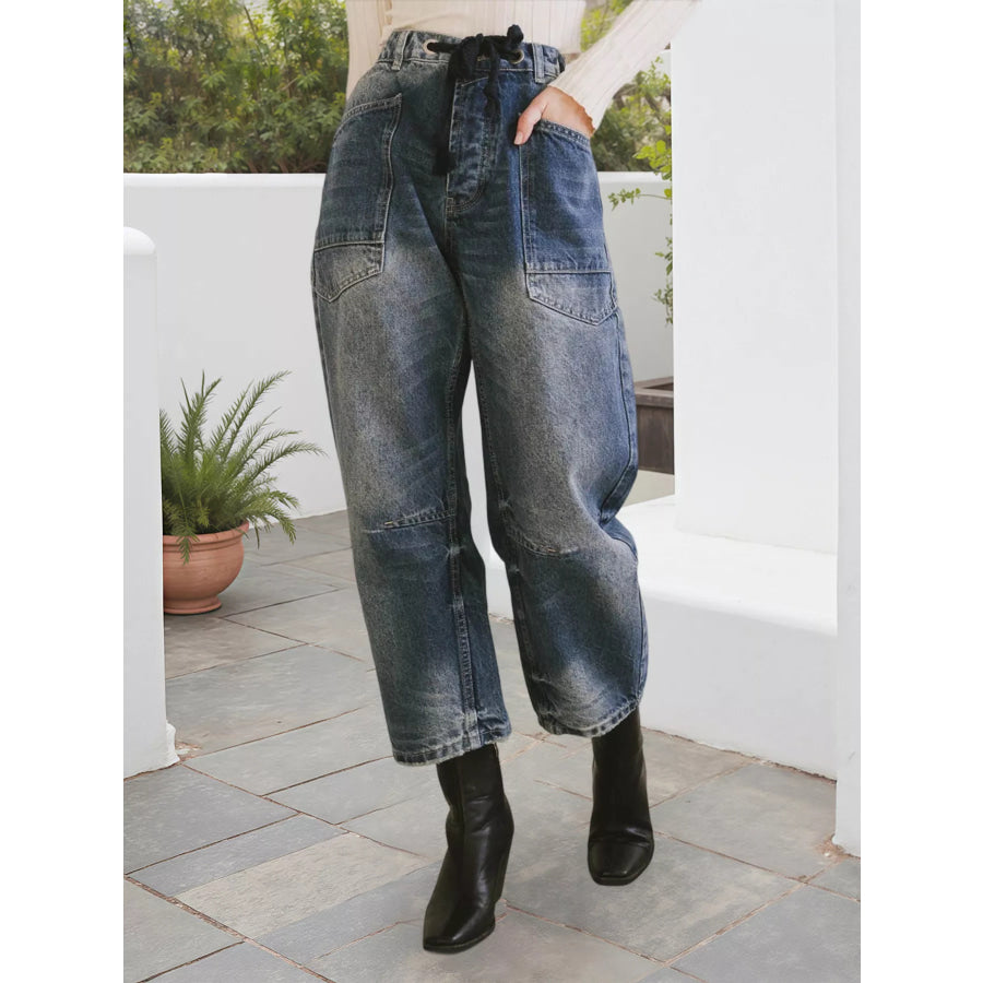 Drawstring Wide Leg Cropped Jeans Apparel and Accessories