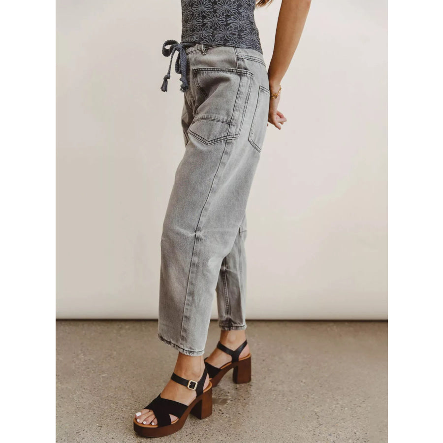 Drawstring Wide Leg Cropped Jeans Grey / S Apparel and Accessories