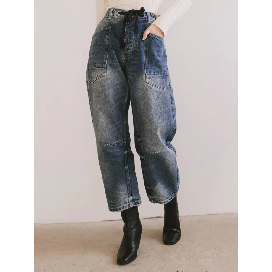 Drawstring Wide Leg Cropped Jeans Blue / S Apparel and Accessories