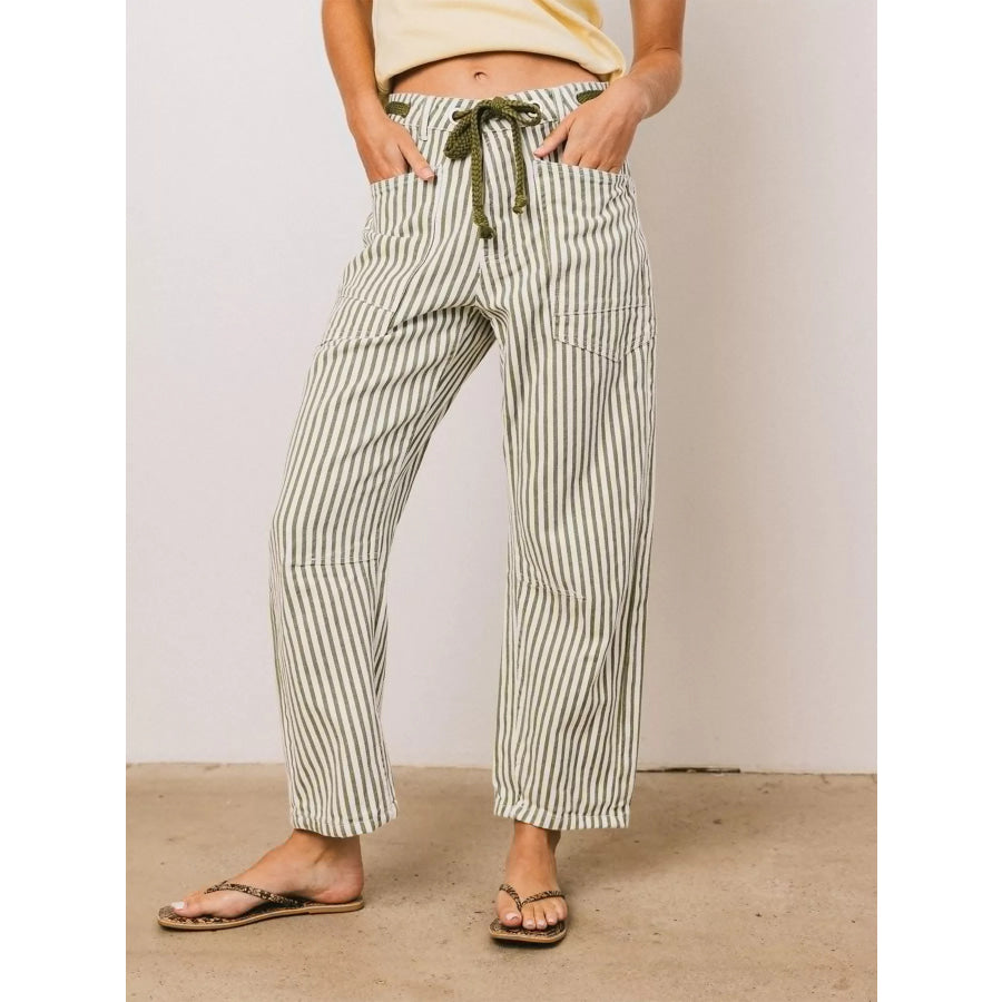 Drawstring Wide Leg Cropped Jeans Green / S Apparel and Accessories