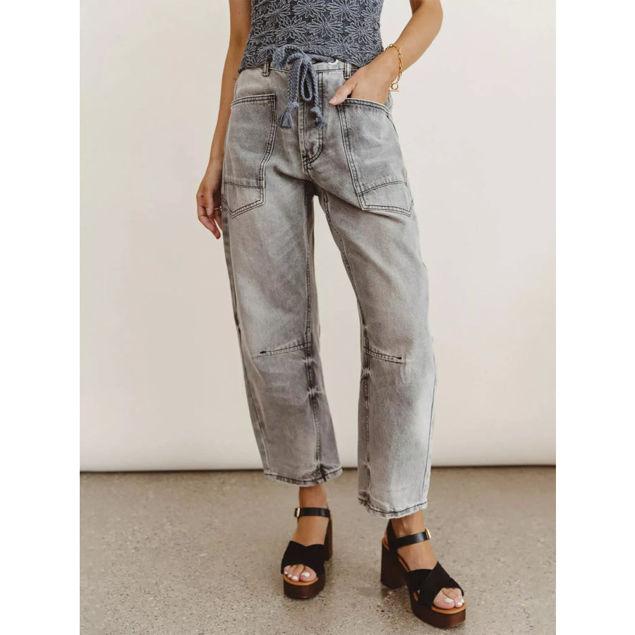 Drawstring Wide Leg Cropped Jeans Grey / S Apparel and Accessories
