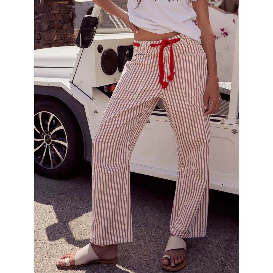 Drawstring Wide Leg Cropped Jeans Red / S Apparel and Accessories