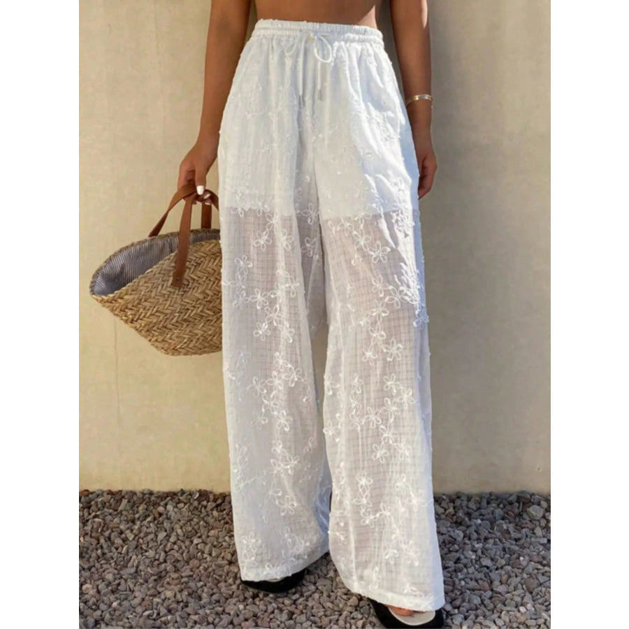 Drawstring Wide-Leg Pants White / S Apparel and Accessories