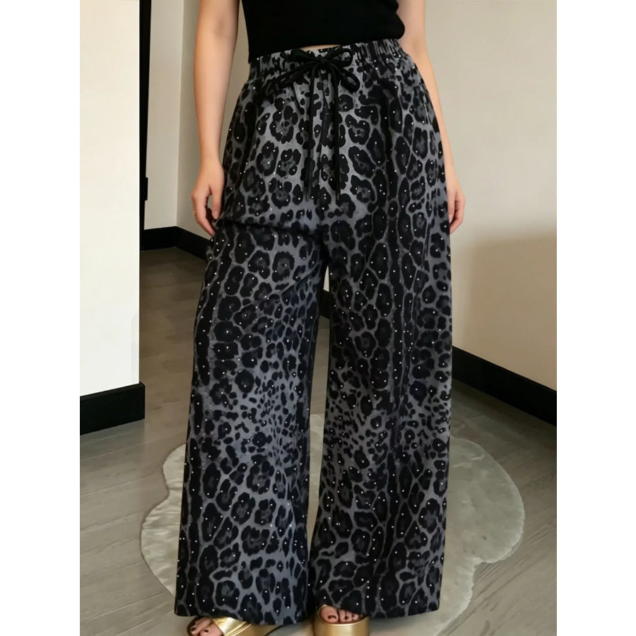 Drawstring Wide-Leg Pants Black Leopard / S Apparel and Accessories