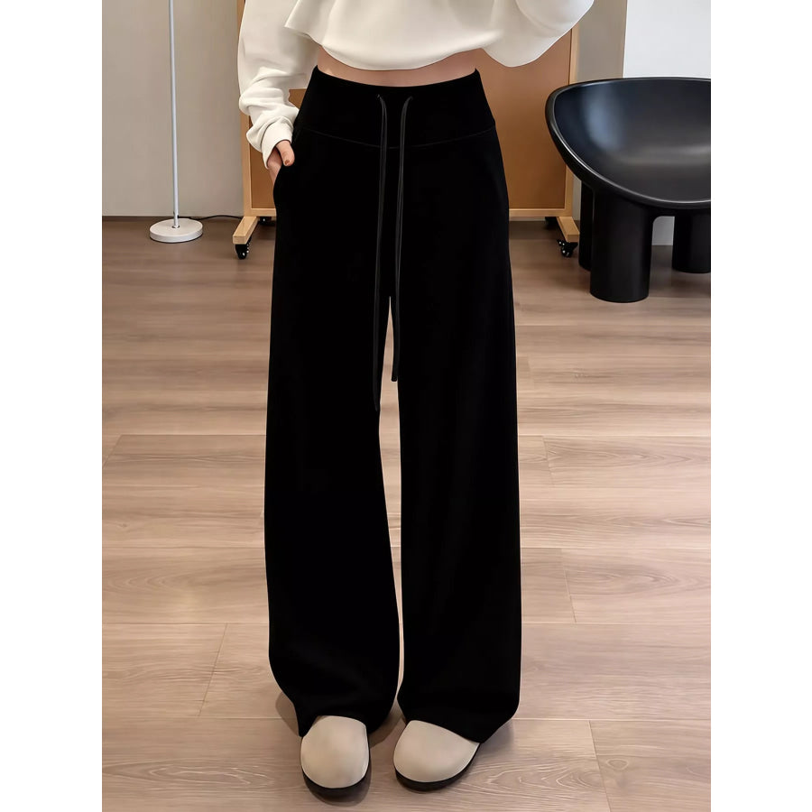 Drawstring Wide-Leg Pants Black-Regular / S Apparel and Accessories