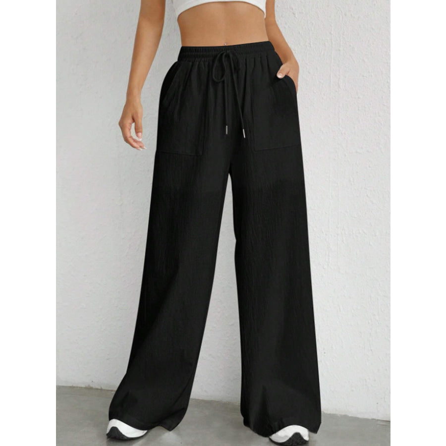Drawstring Wide Leg Pants Black / S Apparel and Accessories